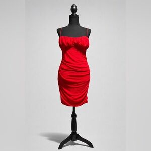 Red Ruched Bodycon Dress Women’s Large Spaghetti Strap Stretch Midi
